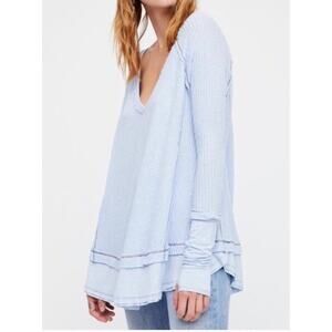 Free People Laguna Long Sleeve V-Neck Waffle Knit Thermal Top Icy Blue Large
